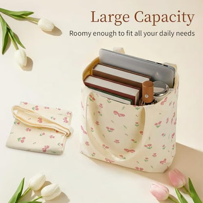 Canvas Tote Bag for Women with Zipper Cute - color: Bow Floral