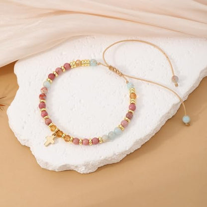 Cross Bracelets for Women Girls, Christian Gifts for Women Natural Stone Beaded Bracelets First Communion Confirmation Baptism Gifts Catholic Easter Christmas Inspirational Gift Jewelry - color: Pink Agalmatolite - Always Remember