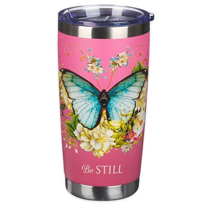Christian Art Gifts Stainless Steel Vacuum Insulated Travel Mug 18 oz - color: Pink/Be Still