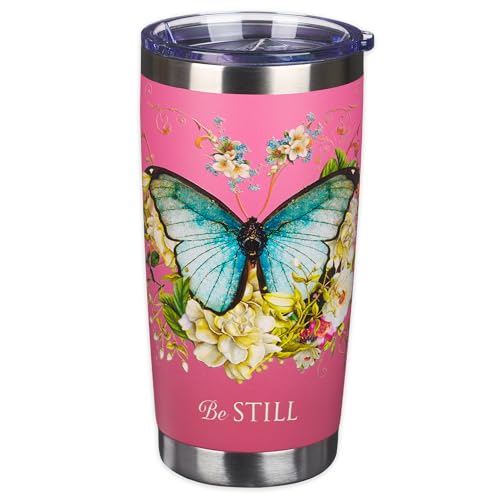 Christian Art Gifts Stainless Steel Vacuum Insulated Travel Mug 18 oz - color: Pink/Be Still