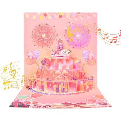 3D pop-up music birthday card - LED Light Cake Greeting Card - color: Cake - Pink