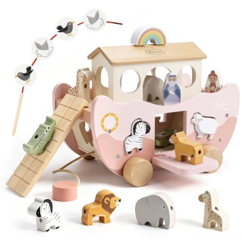 Joyreal Pink Wooden Noah's Ark Toy for 1 Year Old Baby Girl Baptism Gifts - color: Pink