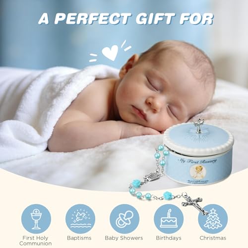 NORBU Baptism Gifts for Girl, My First Rosary with Ceramic Keepsake Box