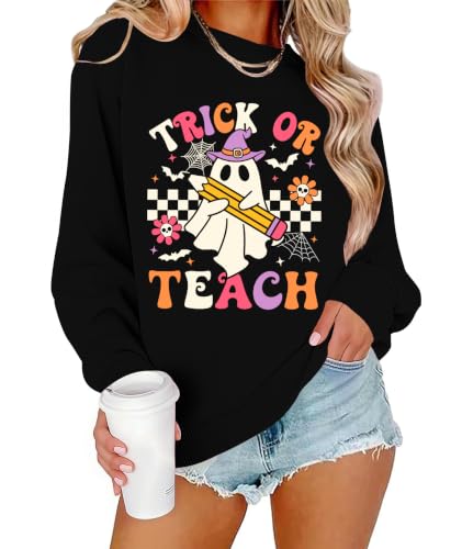 Teacher Halloween Sweatshirt Women Cute Ghost Reading Books Tops - color: D-black, size: Medium