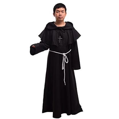 BLESSUME Friar Hooded Robe Monk Renaissance Priest Halloween Medieval Role Play Costume - color: Black Cowl Hat+robe+ Waist Rope+necklace, size: Medium