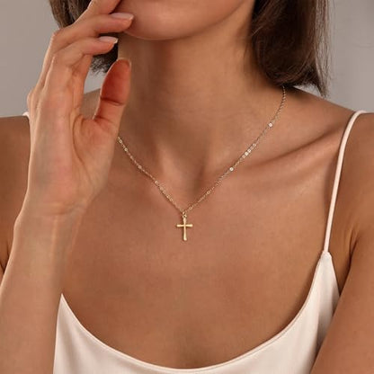 Cross Necklace for Women, Dainty 14K Gold Plated CZ Pendant - color: Gold-dainty plain cross