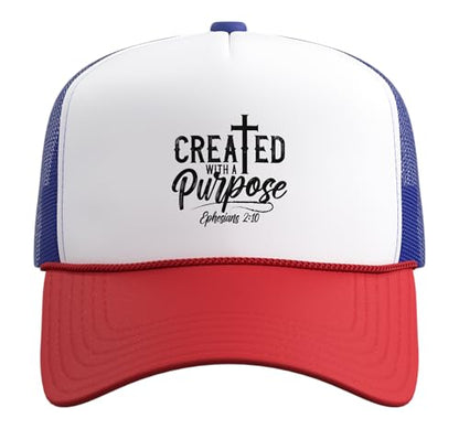 Created with a Destiny Ephesians 2 10 Bible Verses Trucker Hat with Adjustable Mesh Back - color: Red/White/Royal Blue