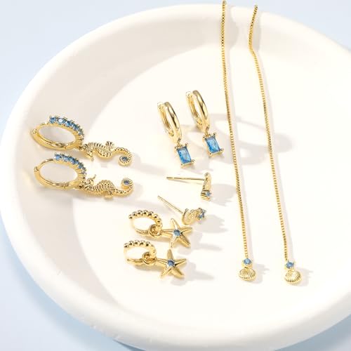 Gold Earrings Set for Women 14K Gold Plated Cubic Zirconia Love Heart Bowknot Clover Fruit Flower Insect Ocean Cross Huggie Hoop Earrings Stud Earrings Set for Multiple Piercing Party Jewelry Gifts - style: Seashell and Starfish