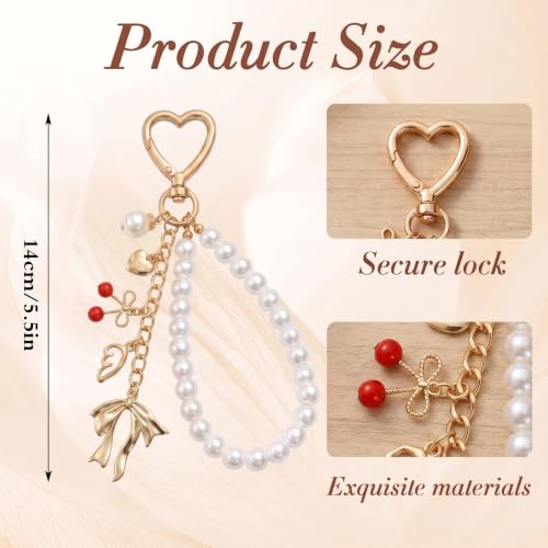 Cute Bag Charms Keychain - Pearl Keyring Wristlet Birthday Gifts - color: Gold Bow