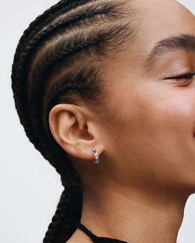 14K Gold Huggie Earrings for Women Silver Huggie Hoop Earrings Cubic Zirconia Huggie Earrings Stud Earrings Lightweight Dainty Hypoallergenic Earrings Jewelry Gifts - color: Silver Rainbow CZ Huggies