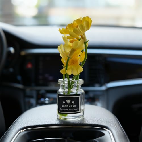 3PCS Daisy Flower Car Dashboard Decorations, Cute Mini Glass Vase Daisy Flower Vehicle Decor, Automotive Interior Aesthetic Dash Ornaments for Women Girl, Universal for SUV Truck Sedan