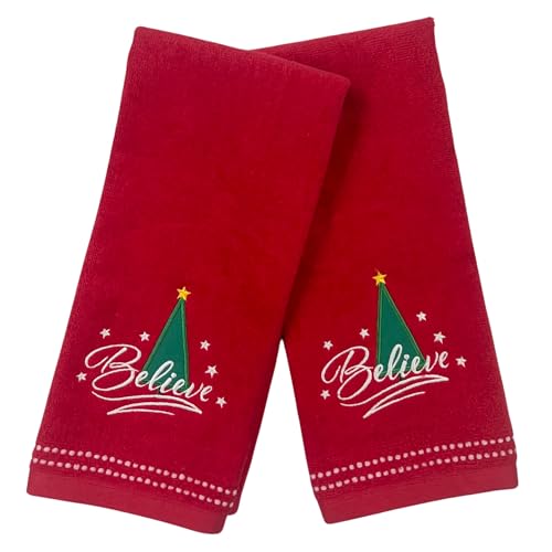Christmas Red Guest Hand Bathroom Towels, Elegant Believe XMas Tree, 16x26" - color: Red