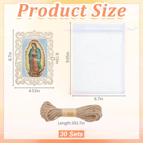 ORIGACH 30 PCS Our Lady of Guadalupe Wooden Picture Frames with Organza Gift Bags & Hemp Rope, Virgen De Guadalupe Picture Frames for First Communion, Christening, Catholic Gifts, Rectangle, 6.7×4.5 Inch