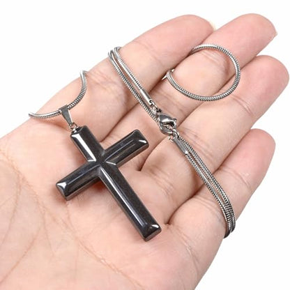 Justinstones Natural Gemstone Carved Cross Reiki Chakra Pendant Necklace 22 Inch - color: 40mm Hematite