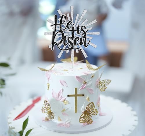 He is Risen Cake Topper, Jesus Easter Cake Décor, Religious Cross Cake Decoration, Easter Party Decorations Supplies, Silver Glitter