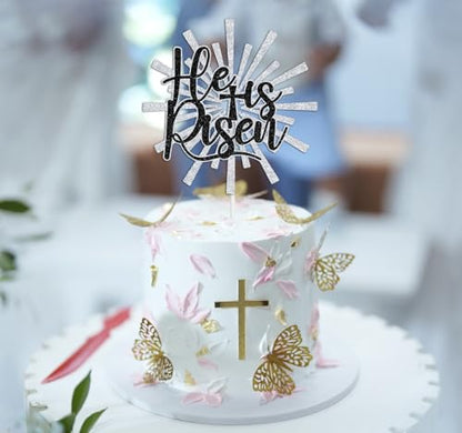 He is Risen Cake Topper, Jesus Easter Cake Décor, Religious Cross Cake Decoration, Easter Party Decorations Supplies, Silver Glitter