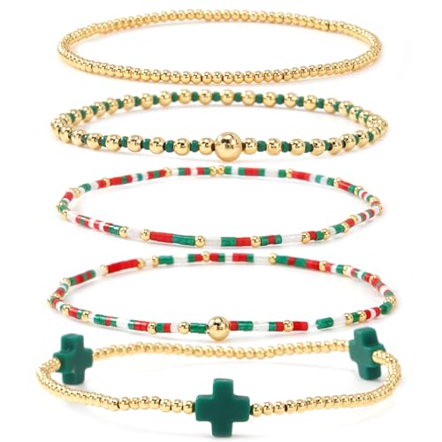 Gold Beaded Bracelets Stack for Women Stackable 14K Gold Plated Beads Ball Cross Bracelet Boho Christian Jewelry Faith Friendship Birthday Gifts for Women - color: red green