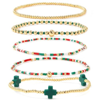 Gold Beaded Bracelets Stack for Women Stackable 14K Gold Plated Beads Ball Cross Bracelet Boho Christian Jewelry Faith Friendship Birthday Gifts for Women - color: red green