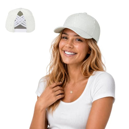 C.C Women's Criss-Cross Ponytail Trucker Hat - Snapback, One Size - color: Cotton Stripe-sage
