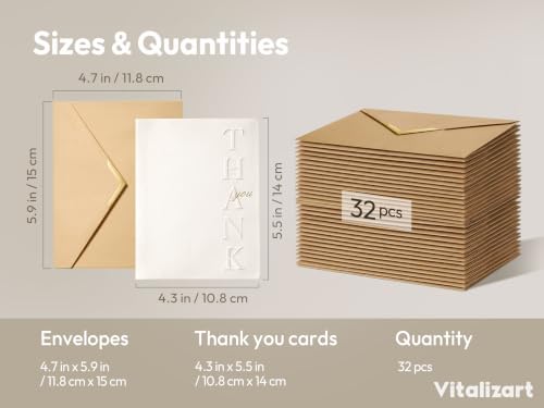 Vitalizart Embossed Thank You Cards with Envelopes 32 Pack 4.3" x 5.5" - color: White Set, size: 32 pcs