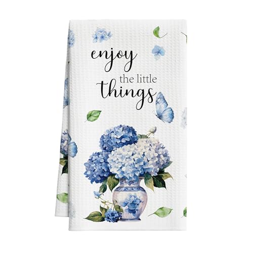 Blue Hydrangea Kitchen Towels, Blue And White Porcelain Dish Towel For Kitchen Bathroom, Chinoiserie Floral Decorative Hand Towels, Butterflies Fast Drying Tea Towel, Spring Gifts Home Decor-S13 - color: Hydrangea-01