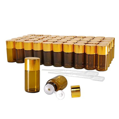 50Pcs 3ml Amber Mini Essential Oil Bottles Sample Bottles with Orifice Reducers and Gold Caps,3ml Amber Glass Bottles Vials,for Perfume Aromatherapy Cosmetic Oils Container - size: 3ml