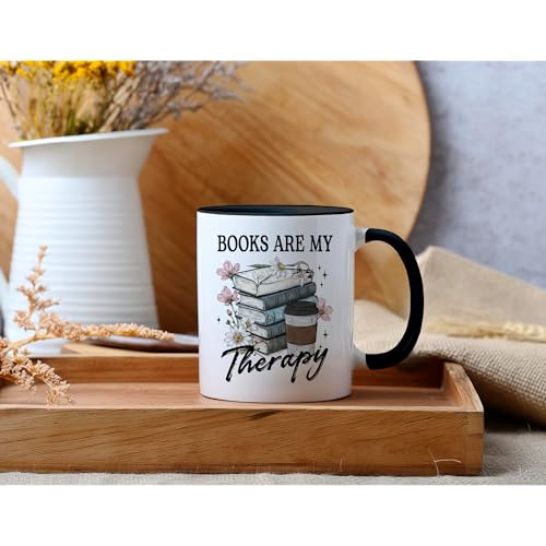 Book Lover Gifts - Books Are My Therapy Mugs with Black Handle, Bookish Coffee Mug with Stacked Book Design, Birthday, Christmas Gift for Books Lovers Women, Bookworm Mugs for Readers - color: Book with Black Handle