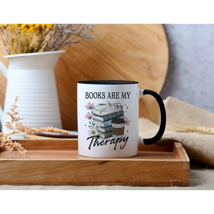 Book Lover Gifts - Books Are My Therapy Mugs with Black Handle, Bookish Coffee Mug with Stacked Book Design, Birthday, Christmas Gift for Books Lovers Women, Bookworm Mugs for Readers - color: Book with Black Handle