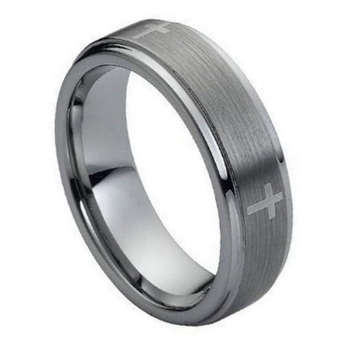 Wedding Rings for Him and Her - 7mm Tungsten Ring Flat Brushed Center Laser Engraved Crosses - Couple Rings Set - Wedding Bands for Couples - Wedding Band Sets for Couples