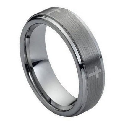 Wedding Rings for Him and Her - 7mm Tungsten Ring Flat Brushed Center Laser Engraved Crosses - Couple Rings Set - Wedding Bands for Couples - Wedding Band Sets for Couples