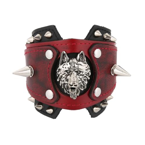 HZMAN Leather Bracelets Retro Men's Leather Cuff Bracelet Adjustable Wide Wristband Bracelet Jewelry Gift - color: Red-Wolf
