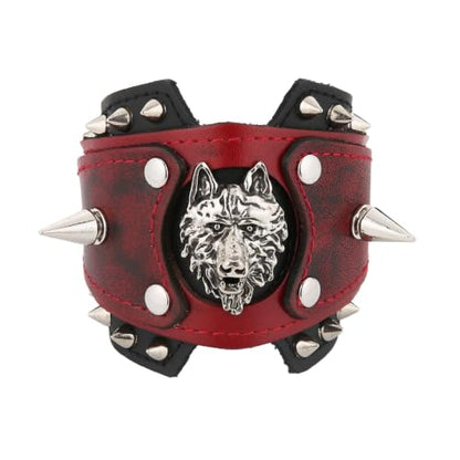 HZMAN Leather Bracelets Retro Men's Leather Cuff Bracelet Adjustable Wide Wristband Bracelet Jewelry Gift - color: Red-Wolf