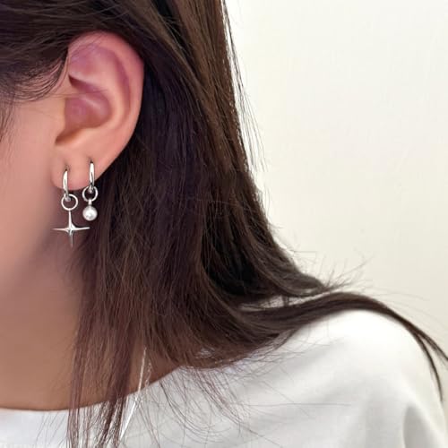 Asymmetric Cross Star Pearl Dangle Drop Hoop Earrings 925 Sterling Silver Post Small Huggie Hoops Charm Dangling Earring Cartilage Hypoallergenic Studs Fashion Jewelry for Women Daughter Niece