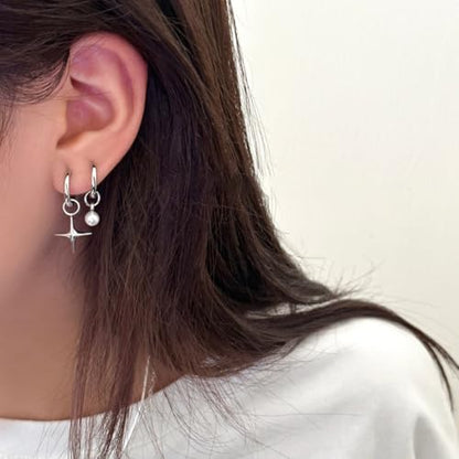 Asymmetric Cross Star Pearl Dangle Drop Hoop Earrings 925 Sterling Silver Post Small Huggie Hoops Charm Dangling Earring Cartilage Hypoallergenic Studs Fashion Jewelry for Women Daughter Niece