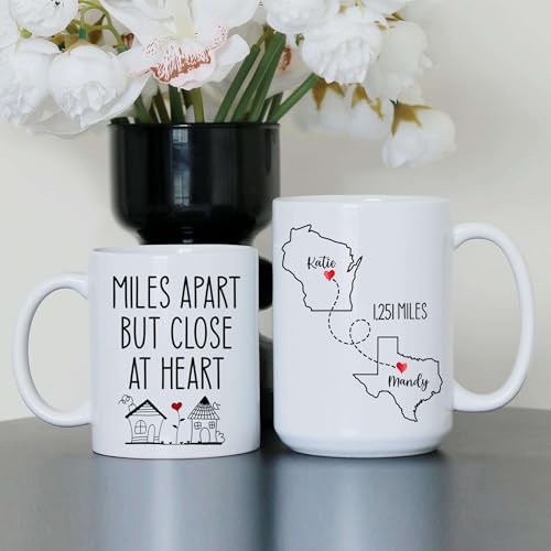 Personalized Miles Apart But Close At Heart Mug - Personalized Long Distance State To State- Moving Away Cup - Bestie Birthday Gift - Custom Map State Distance Coffee Mug - color: DISTANT-MAP-M2