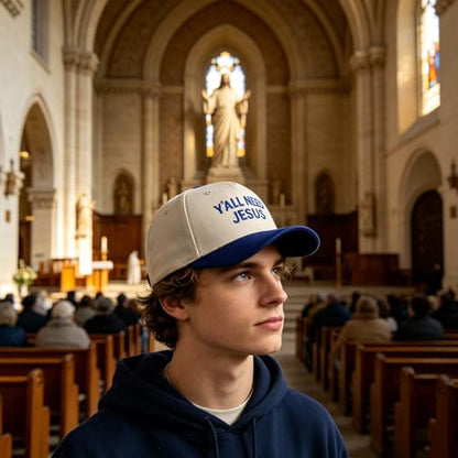 Embroidered Christian Two-Tone Baseball Cap for Men & Women, Adjustable Dad Hat Christmas Easter Gift - color: Y'all Need Jesus, Navy Blue/Beige
