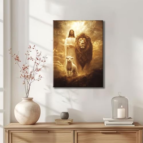 AUFDASORT Jesus Lion and Lamb Canvas Wall Art, Gallery Wrapped Print, 12x16 - color: Golden Jesus, size: 16"L x 12"W