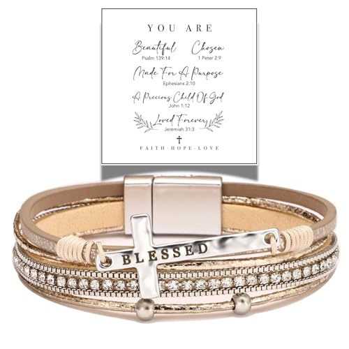 LINGYUAN Cross Bracelet for Women, Leather Religious Christian Jewelry - color: Gold