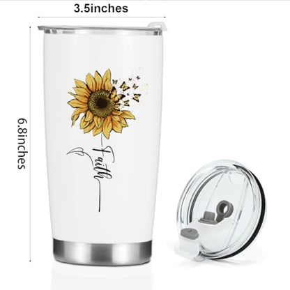 Sunflower Gifts for Women Best Friend Tumbler, Positive Butterfly Christian Gift Birthday Christmas, Faith Religious Gifts Coffee Mug Stainless Steel Vacuum Insulated Double Wall Travel Cup with Lid - color: Sunflower 1227
