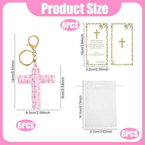 6 Set Cross Keychains, Christian Religious Keychains Bulk With Cards Organza Bags, Communion & Confirmation Presents - color: Pink