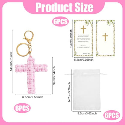 6 Set Cross Keychains, Christian Religious Keychains Bulk With Cards Organza Bags, Communion & Confirmation Presents - color: Pink