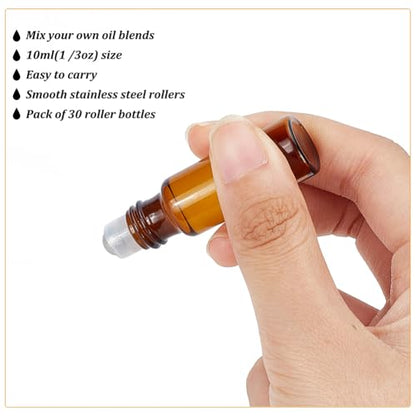 BENECREAT 30 Pack 5ml Amber Glass Essential Oils Roller Bottles with Stainless Steel Roller Balls 10Pcs 3ml Droppers, 4Pcs Funnels, 1Pc Openers for Essential Oils/Other Liquids - color: Light Brown, size: 5ml