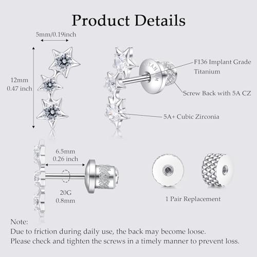 Limerencia Titanium Flat Back Screw Back Stud Earrings for Women Men - color: Silver 7