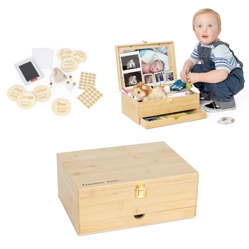 Baby Keepsake Box with 5 Additional Memory Items – Bamboo Memory Box for Baby Girls & Boys – Handprint Kit, Milestone Discs, Photo Corners, Glass Vials, Burlap Bag
