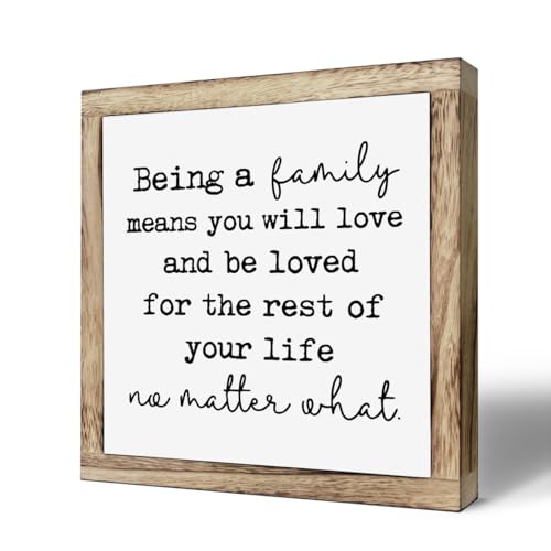 Farmhouse Home Decor, “Being a Family Means You Will Love and Be Loved” Box Plaque 9.8×9.8in, Farmhouse Wall Art for Living Room or Shelf Decor, Warm Home Decoration and Housewarming Gift - color: Home 17
