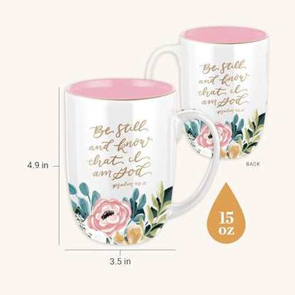 Christian Art Gifts Large Ceramic Coffee Mug: Psalm 46:10 Bible Verse - color: Be Still/White & Pink Floral