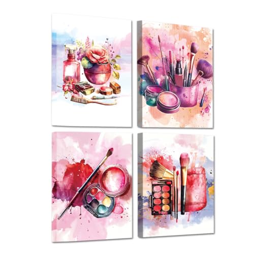 Pink Girl Bedroom Wall Decor Watercolor Wall Art Canvas Set of 4 - color: Framed 8"x10" Pink Makeup Wall Art Set of 4