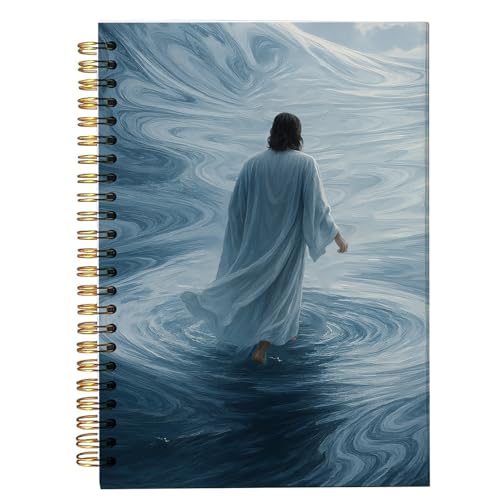 bitCNY Religious Spiral Journal – Jesus Walking on Swirling Waters – Faith Inspired Christian Notebook for Prayer & Reflection, Spiral Bound 5.5x8.3 Inches - color: white-Swirling Water with Jesus
