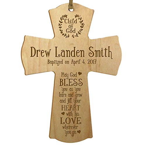 LifeSong Milestones Personalized Baptism 1st Holy Communion Christening Gifts Custom Wall Cross Child of God. May God BLESS you as you learn and grow (Maple) - color: Maple, size: 6"L x 4.5"W