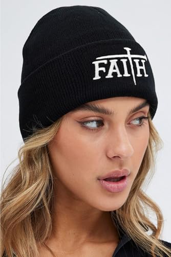 Christian Jesus Cross Beanie - Faith Winter Beanie Hats for Men Women - Religious Gifts for Christmas & New Years - color: Faith-white Cross